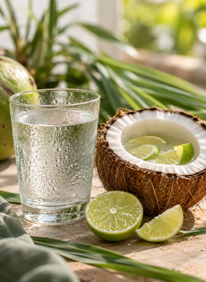 Verre d'eau de coco et citron vert