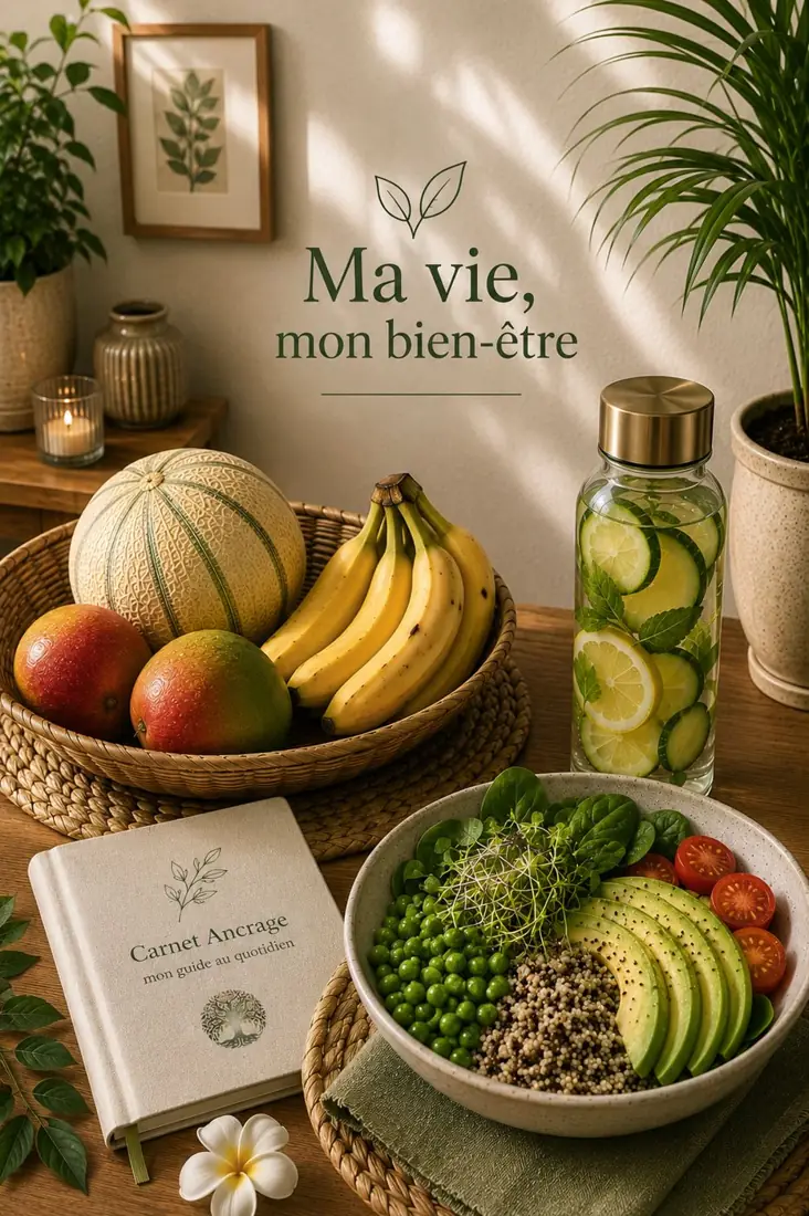 Carnet posé à côté de fruits frais et d'une bouteille d'eau infusée