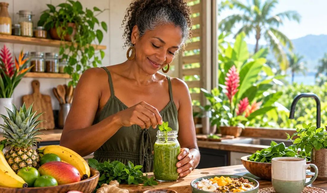 Femme préparant un jus vert dans une cuisine tropicale