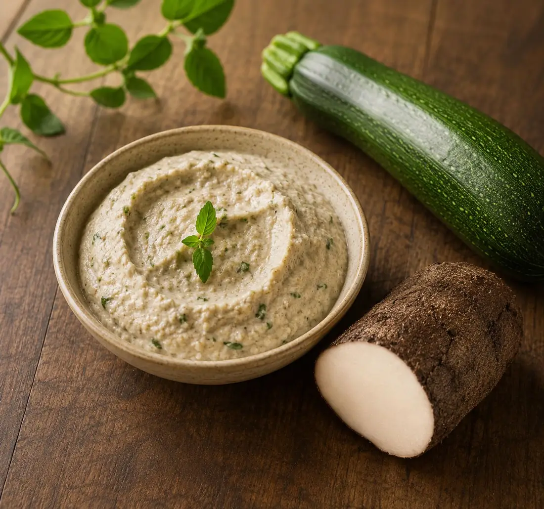 Purée d'igname et christophine sur une table en bois