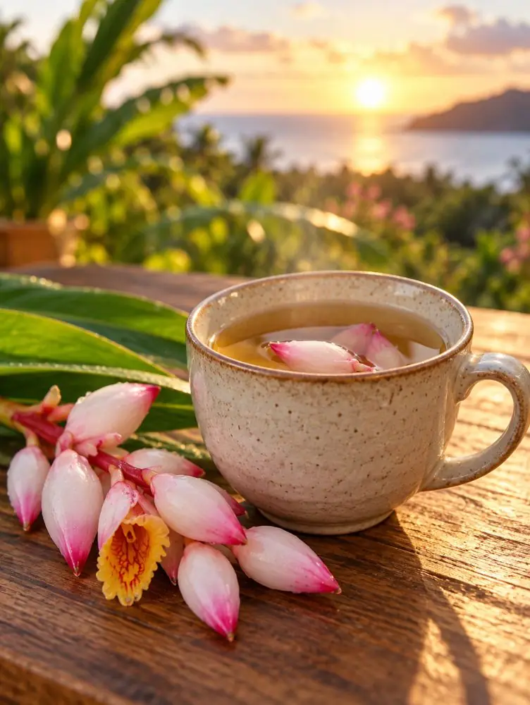 Tisane et fleurs d'atoumo, plante de Guadeloupe, au coucher du soleil