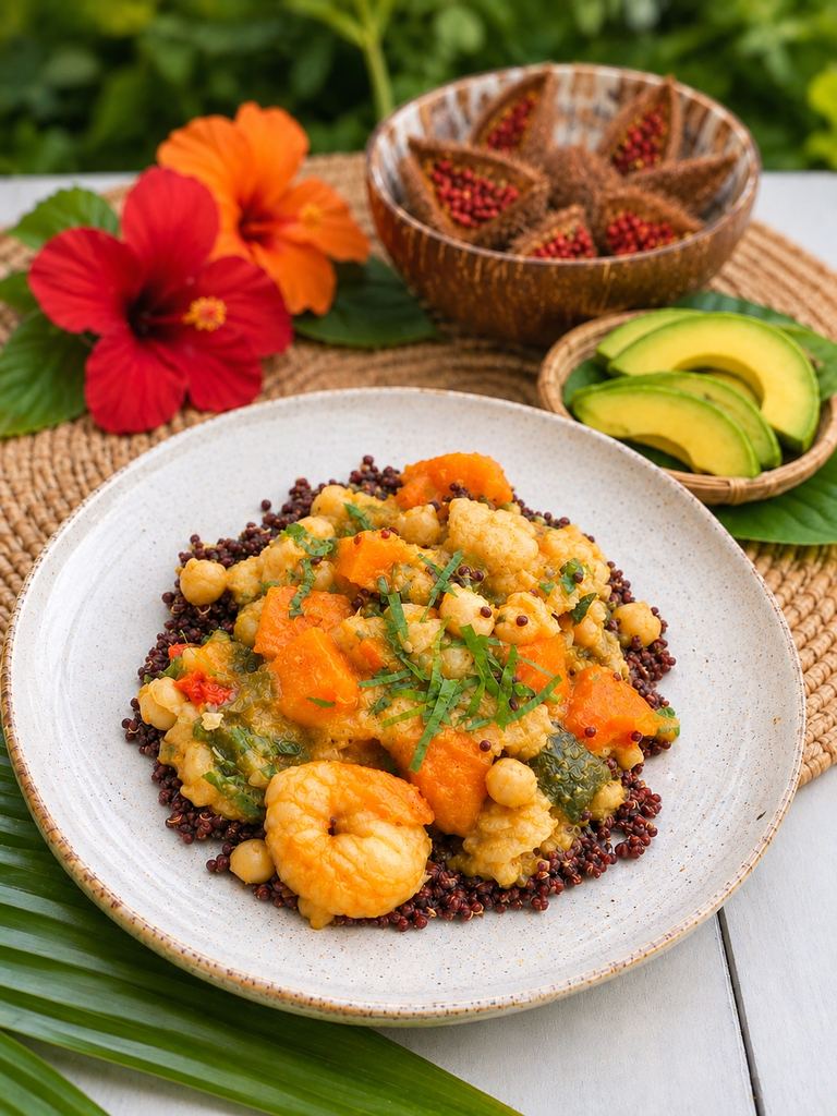 Assiette équilibrée et colorée : quinoa rouge, crevettes, giraumon et pois chiches, avec avocat, roucou et hibiscus, produits locaux de Guadeloupe