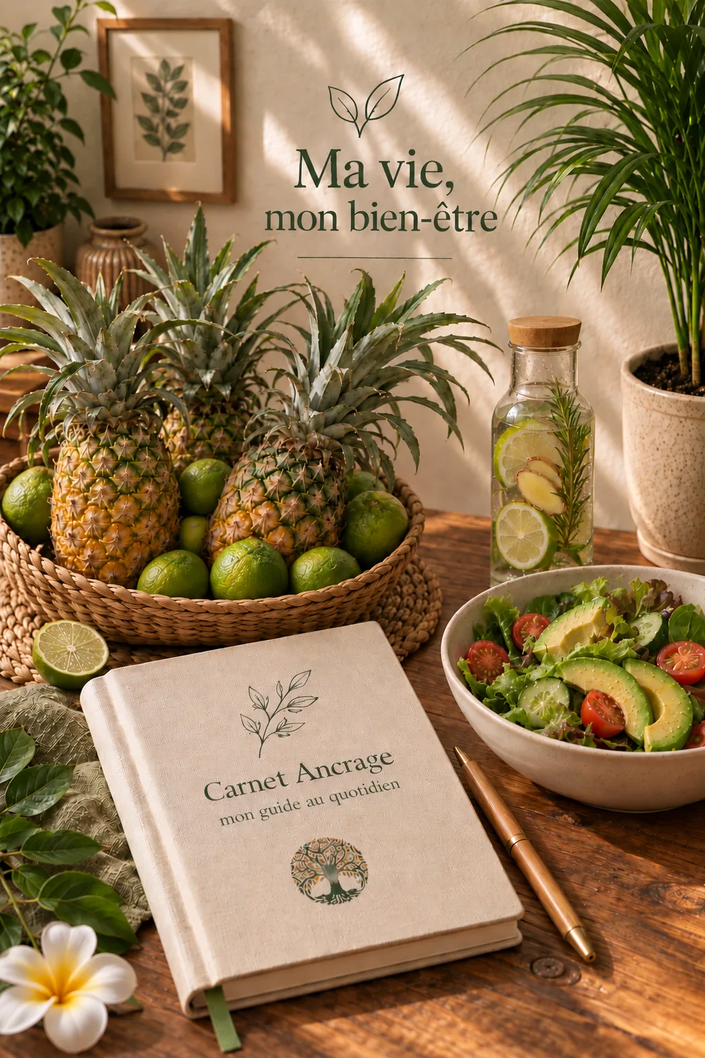 Carnet Ancrage posé sur une table en bois, avec un panier d'ananas et de citrons verts, une salade d'avocat et une boisson détox au romarin, citron vert et gingembre