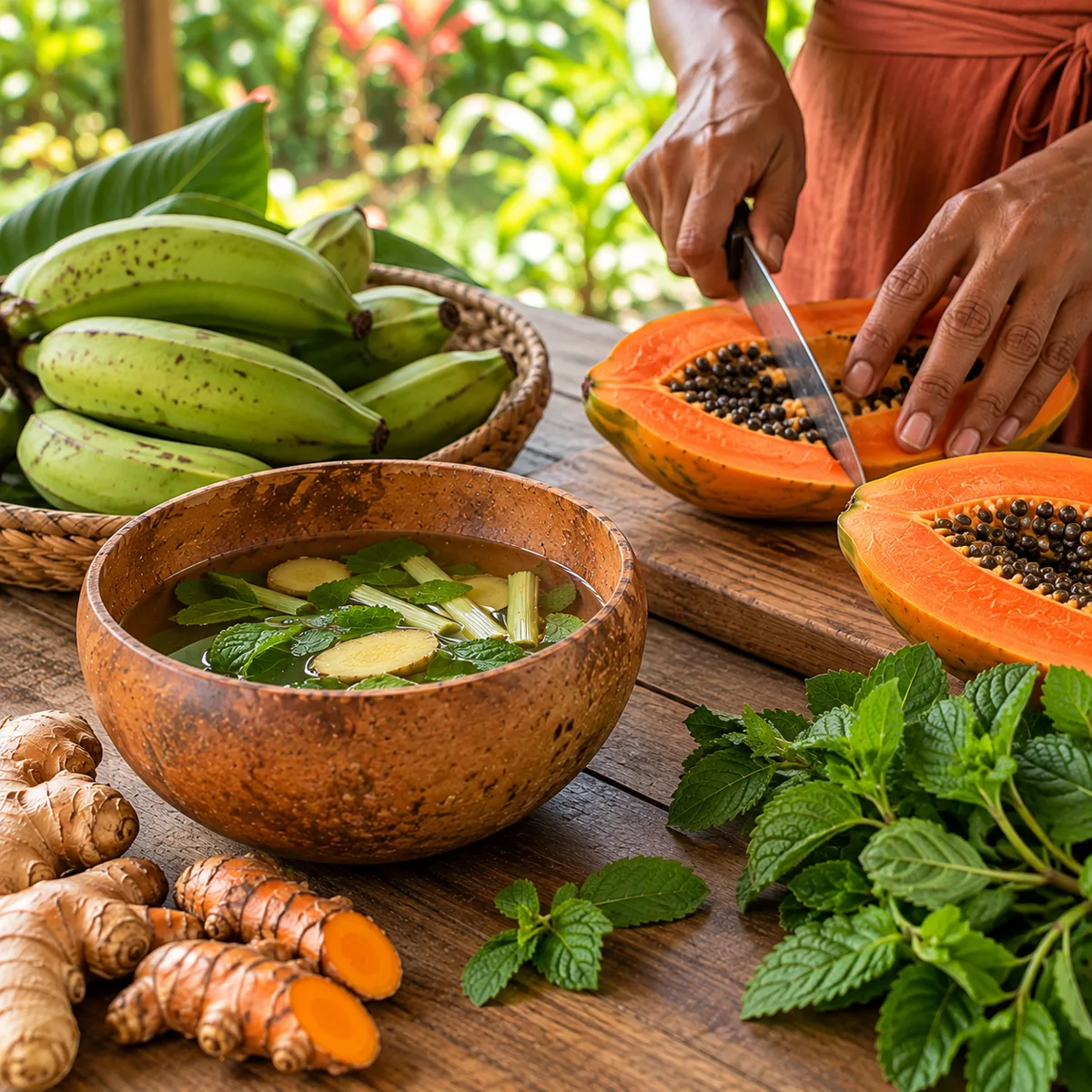 Papaye coupée, bananes plantain, bol de tisane au gingembre et à la menthe, curcuma frais : produits locaux pour le confort digestif et articulaire