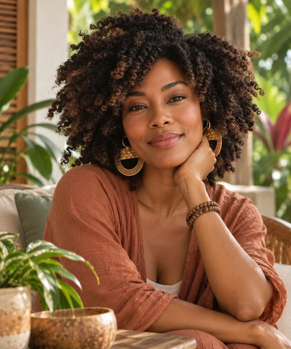 Femme aux cheveux bouclés posant parmi des plantes, image d'ambiance pour l'équilibre hormonal
