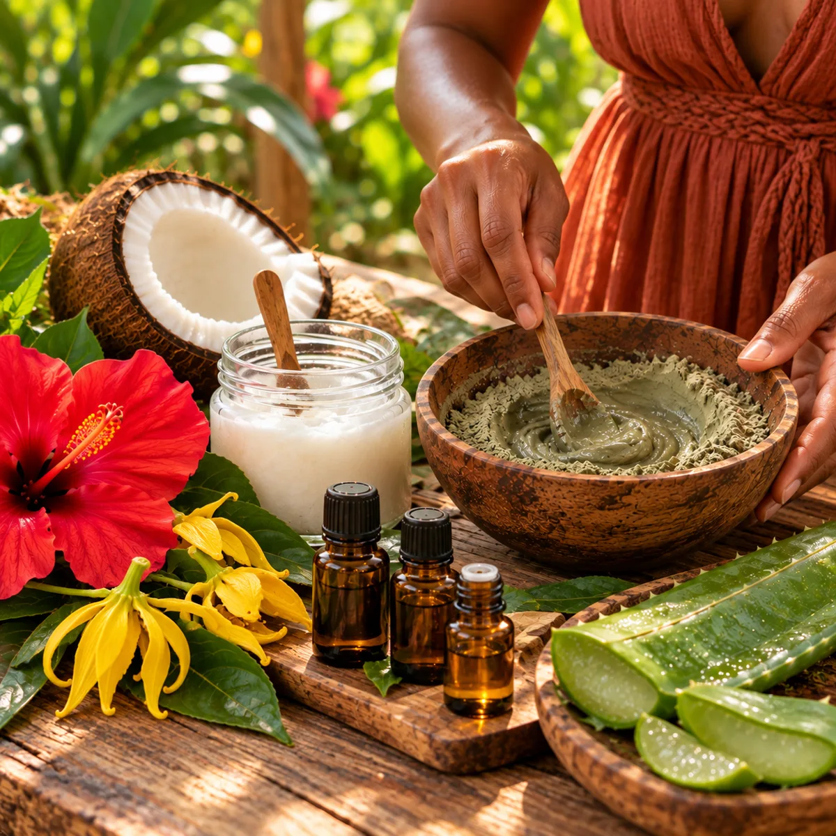 Rituel de soin au naturel : argile, huile de coco, hibiscus, ylang-ylang, flacons d'huiles essentielles et aloès, image d'ambiance pour la silhouette et la beauté