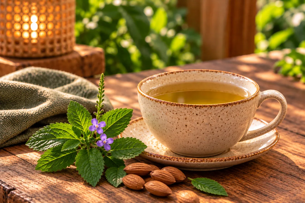 Tasse de tisane, feuilles et fleurs violettes et amandes sur une table en bois au jardin, image d'ambiance pour le stress et le sommeil